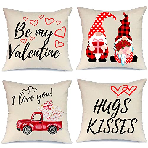 4 Stück "I Love You" Kissenbezüge für Paare, 45 x 45 cm, Leinen, quadratisch, romantischer Valentinstag, Dekoration, rosa Liebes-LKW-Muster für Partygeschenke, Zuhause, Sofa, Kissen dekorativ Cover
