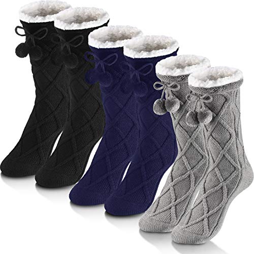 SATINIOR 3 Pairs Women Slipper Socks Fleece Lined Winter Fuzzy Tall Socking with Pompom (Light Gray, Black, Navy)