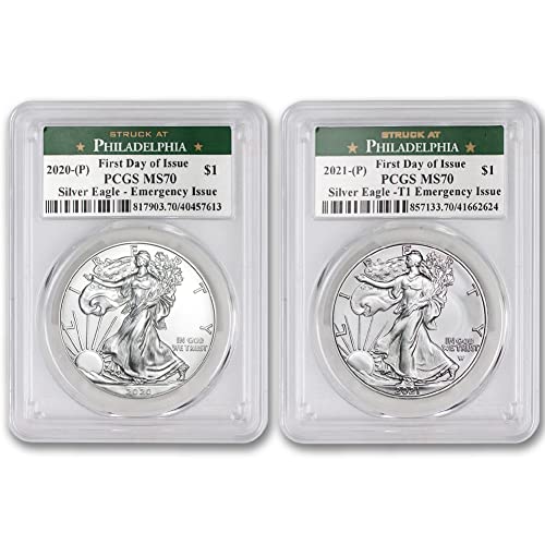 2020 & 2021 (P) Set of (2) 1 oz American Silver Eagles MS-70...