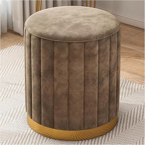 Image of Round Upholstered Velvet Ottoman Seating Stool with Gold Metal Base Multifunctional Makeup Vanity Chair Soft Compact Padded Foot Rest Stool for Living Room Bedroom Brown