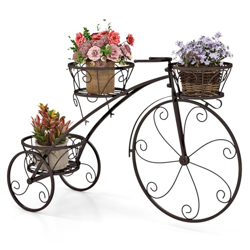 COSTWAY Support pour Plantes Tricycle, Porte-Pot de Fleurs en Métal à 3 Niveaux avec 3 Panier...