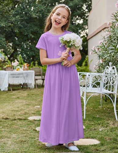 Image of Arshiner Girls Maxi Dress Long /Short Sleeve Casual Holiday Dress with Pockets for 5-13 Years
