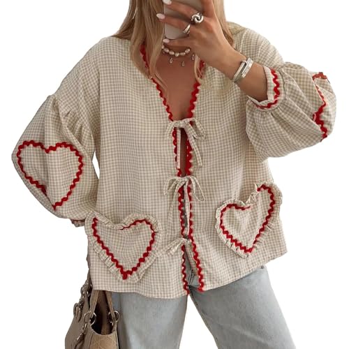 POHADON Cute Heart Tie Front Tops Puff Long Sleeve Blouse Bow Top Trendy Babydoll Shirts Y2K Aesthetic Summer Tops for Women