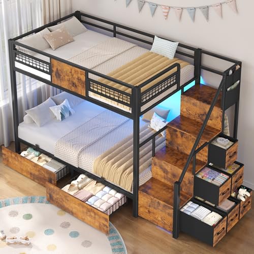 BTHFST Bunk Bed Twin Over Twin with Stairs, LED Lights Twin Bunk Bed with 2 Storage Drawers & 6 Fabric Drawers, Metal Twin Loft Beds with Guardrail & Stairs, Space Saving, Sturdy Frame