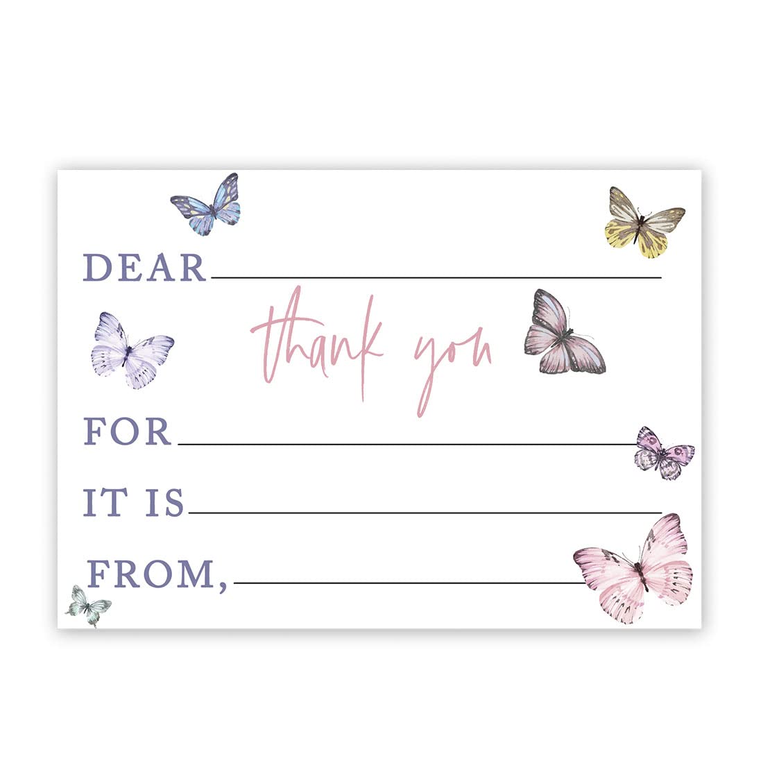 Andaz Press Pastel Butterfly Kids Fill In The Blank Thank You Cards with Envelopes Birthday Thank You Note Cards for Girls 4.25x5.5-inch Thank You