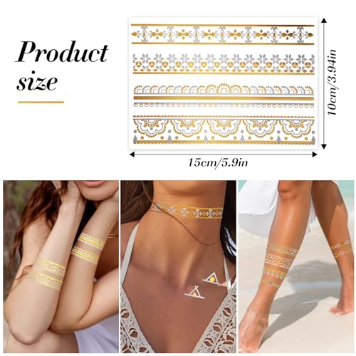 HOWAF 8 Sheets Gold Tattoos Temporary Metallic Tattoos - Image 2