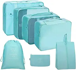 Kit 7 Organizadores de Mala para Viagem Nylon Resistente à Água com Tela Respirável e Zíper Leve Dobrável Bolsas para Roupas Íntimas Sapatos Acessórios Cabos Organização de Bagagem (VERDE)