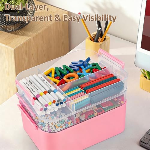 Image of Gifhomfix 3-Layer Plastic Craft Organizers and Storage Box with Removable Trays, Storage Containers with lids and Handle, Art Supply Storage Organizer for Bead, Ornament, Nail Polish, Tape(Pink)