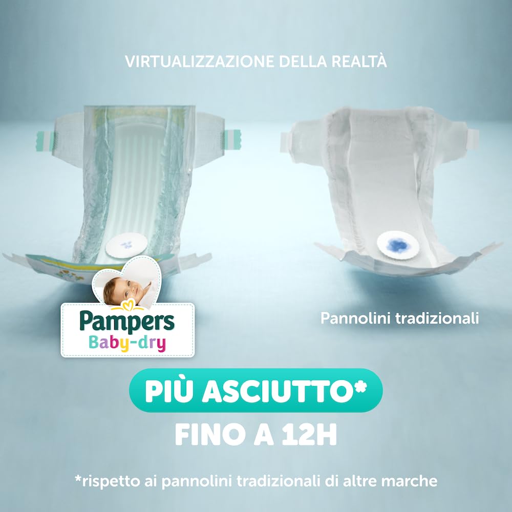 Pampers Baby Dry Midi, Taglia 3 (4-9 kg), Formato Scorta, Barriere Anti-Fuoriuscite, Più Asciutto Fino a 12h, Linguette Rinforzate e Avvolgenti, 180 Pannolini Neonato + 500 Punti Omaggio