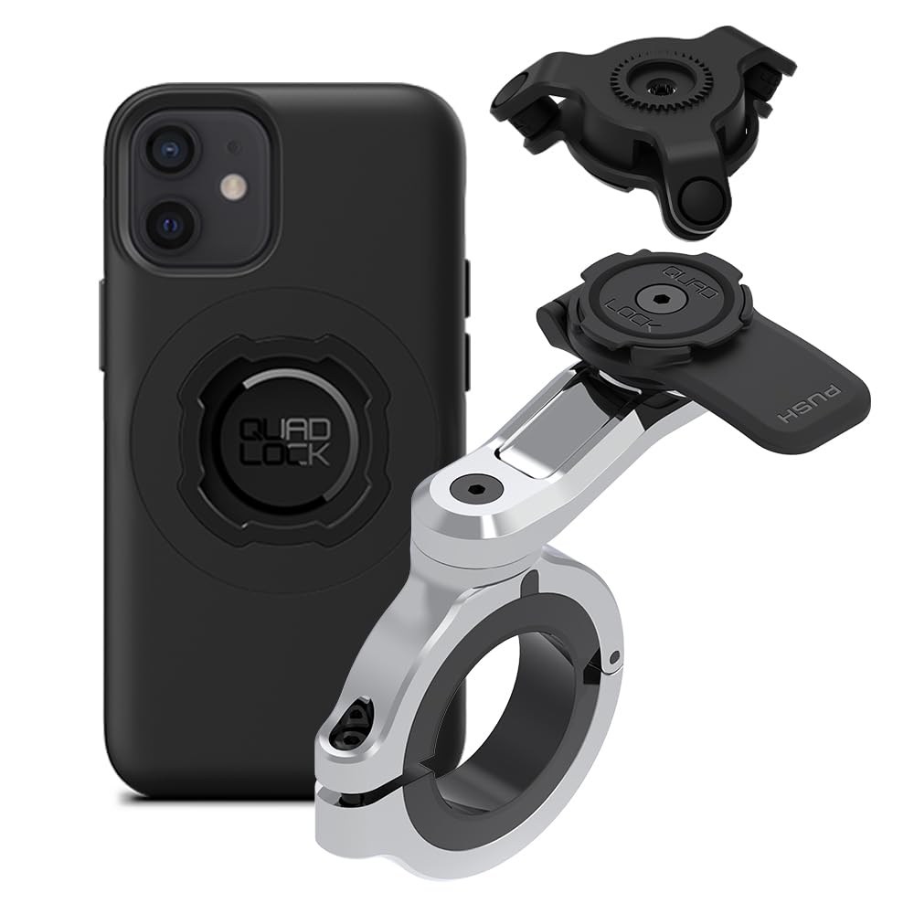 Quad Lock Motorcycle Handlebar Phone Mount PRO Chrome - Large with Vibration Dampener and MAG Phone Case for iPhone 12 Mini