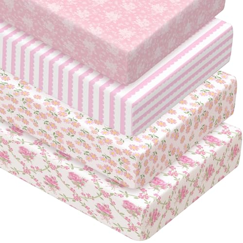 Image of Peryiter 4 Pack Crib Sheets for Baby Pink Flower Soft Baby Bed Sheet Set 52'' x 28 inch Nursery Crib Sheets for Standard Bed Toddler Mattress Nursery Decor Boys Girls Kids