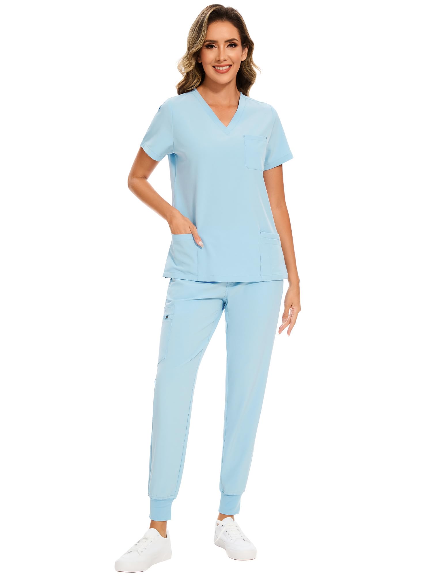 COZYFIT Scrubs for Women Set - Stretch V-Neck Scrub Top & Jogger Pant with 8 Pockets, Baby Blue, Large