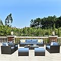 ovios 12 Pieces Patio Furniture Set, Outdoor Wicker Rattan Sectional Sofa Set with Comfy Cushions, All Weather Assembled Furniture Set, No Assembly, Brown Wicker, Blue Cushion