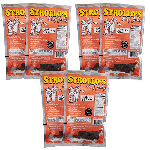 Strollo's Beef Jerky-Hot Garlic 6 Pack-1.5oz Packs- Low Sodium, Low Sugar, Low Carb, Keto Diet Friendly-Made with All Natural USA Beef, USDA Certified