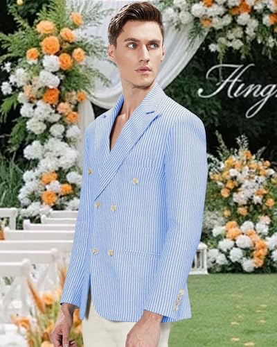Men's Seersucker Double Breasted Blazer Lightweight Striped Suit Jacket Summer Beach Weddign Prom2