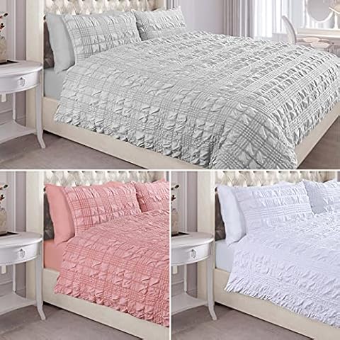 Duvet Cover Quilt Bedding Set, Seersucker Check, Silver Grey, Blush Pink, White, (1761) (Silver Grey, Double) Cover