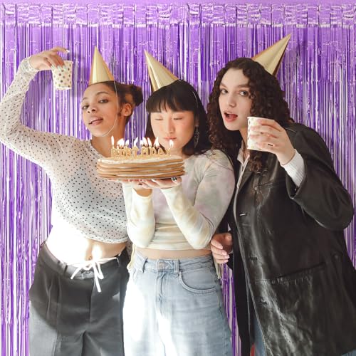 Image of 5 Pack Purple Foil Curtain Backdrop 3.2ft x 8.2ft Tinsel Foil Fringe Curtains Macaron Photo Booth Streamer Backdrop for Party Decorations Birthday Baby Shower Bachelorette Holiday (Light Purple)