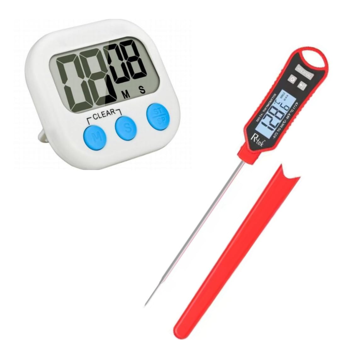 R-TEK Digital Food Thermometer and Digital Timer Stopwatch | for Grilling and Cooking | Long Probe and Batteries | Waterproof and Fast Read Backlight | Deep Fry, BBQ, Grill