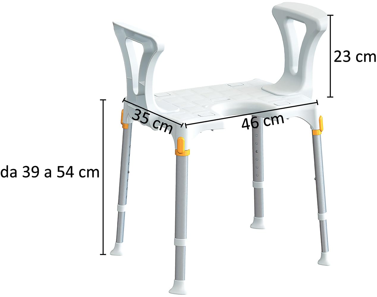 Taburete higiénico para ducha para personas con discapacidad y ancianos, regulable en altura de 39 a 54 cm, tamaño del asiento 46 x 35 cm, fabricado en Italia (mueble con reposabrazos)
