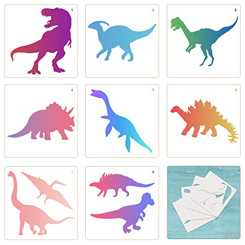 TAZEMAT 12 Dinosauro Stencil Motello?Attività Padre-figlio +Regali+Compleanno Festa Bambini?Idee Fai-da-te (13cm×13cm) Stampino per Pittura/Carta/Parete/Tema Dinosauro Plastica Riutilizzabili