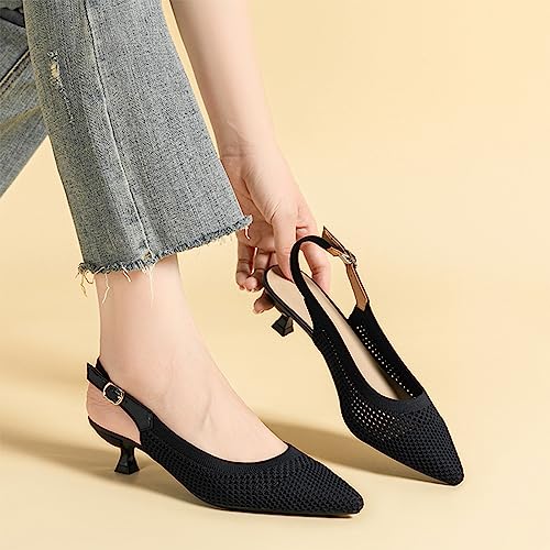 Image of youngshow Women's Slingback Kitten Heels for Work | Knit, Low Heels, Elastic Back Strap, Slip on, Pumps for Office, Wedding, Party