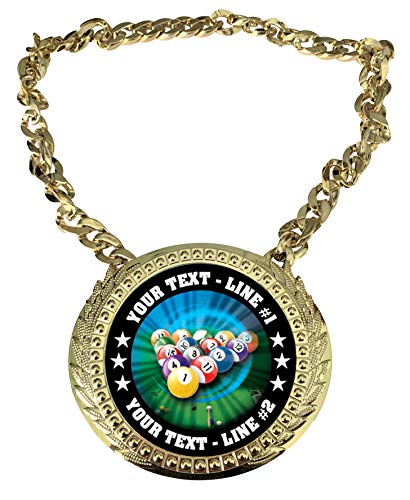 Express Medals Custom Billiards Pool 8 9 Ball Champ Chain Trophy with 2 Lines of Personalized Text on a Large Rigid Plastic Award Medal and 34 Inch Long Gold Color Neck Chain. MY409