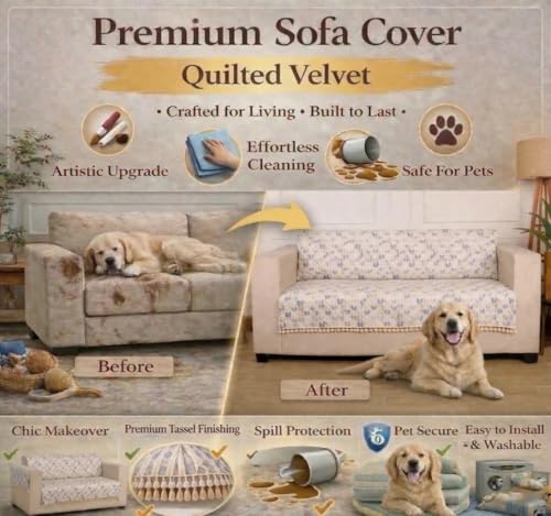 Image of STITCHNEST Quilted Velvet Sofa Cover with Tassels - 24x60 Inch, Beige & Blue Chevron Pattern, Soft & Premium, Washable Sofa Protector for 1-Seater
