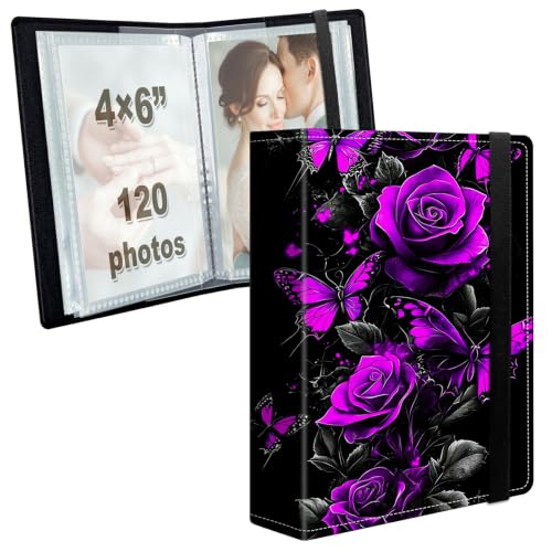 Image of Photo Album 4x6 120 Photos with Strong Elastic Band, Purple Rose Butterfly | Large Capacity Premium Leather Picture Album, Portable Wallet Albums Photo Book for Family Anniversaries Wedding Baby