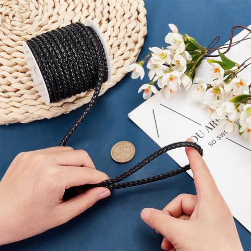 PandaHall 10 Yards Round Braided Leather Cord, 5.5mm Black Jewellery Craft Cord for DIY Bracelets Necklaces, Belts Making - Image 3