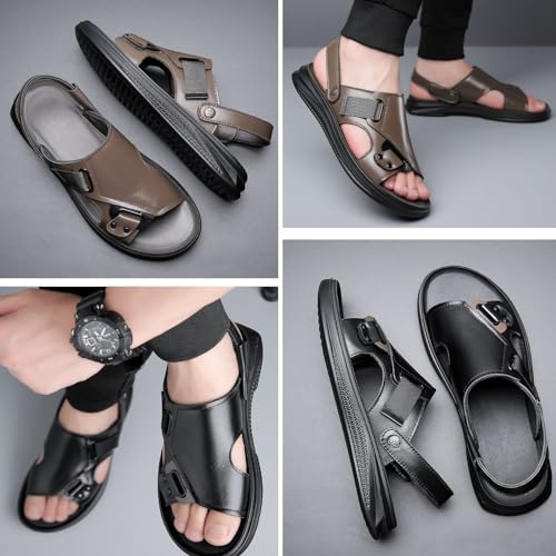 Mens Sandals Leather Outdoor Casual, Anti Slip Breathable Hiking Beach Sandals Slip on Open Toe Slipper for Outdoor Beach Walking Driving3