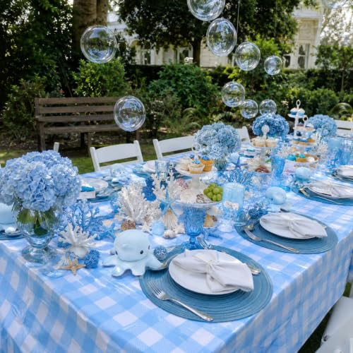 Image of Blue Orchards Light Blue Gingham Table Cover (Pack of 3 with 20 Glue dots) - 54 inchx108 inch XL - Light Blue and White Checkered Picnic Tablecloth, Baby Shower Decoration, Outdoor Birthday Party Supplies