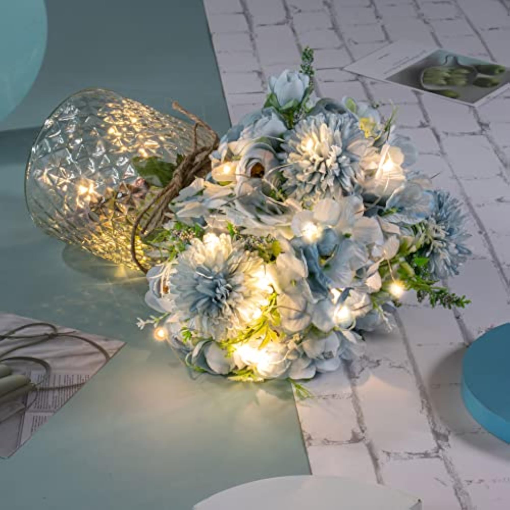 Artificial LED Blue Rose Flowers with Glass Vase