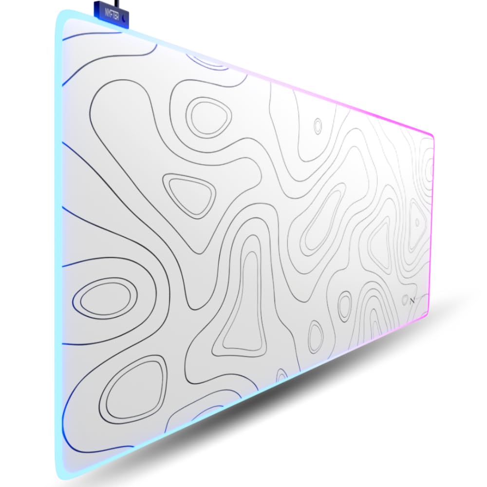 Nyfter - XXL Gaming Mauspad RGB White im Topography Design 900 x 500mm Premium Mousepad Size Groß vernähte Kanten langlebig mit high-end Glide und Anti-Rutsch Speed Gaming Mauspad