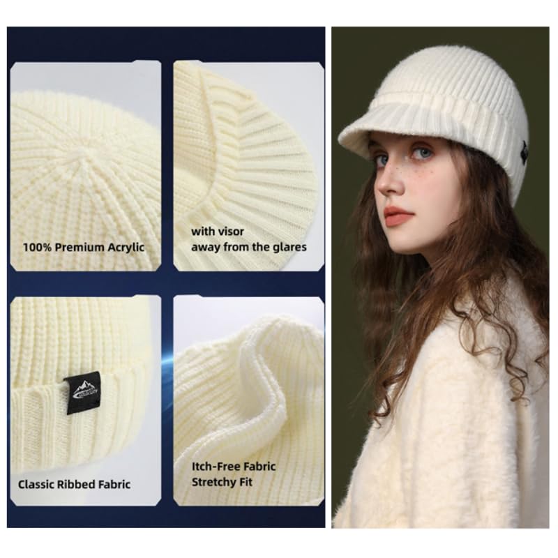 Winter Hats for Men Women - Thick Warm Stylish Knit Beanie Hat, Soft Stretch Cute Womens Winter Hats with Visor White