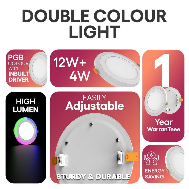 Image of elleys' Chroma Multicolour Ceiling Light | Concealed LED 3 in 1 Light Modes (12+4 Watt) | Ceiling Light for Home & Office | Recessed Led Downlighter |Cut-Out:180mm|Color-White & Multicolur Pack 2