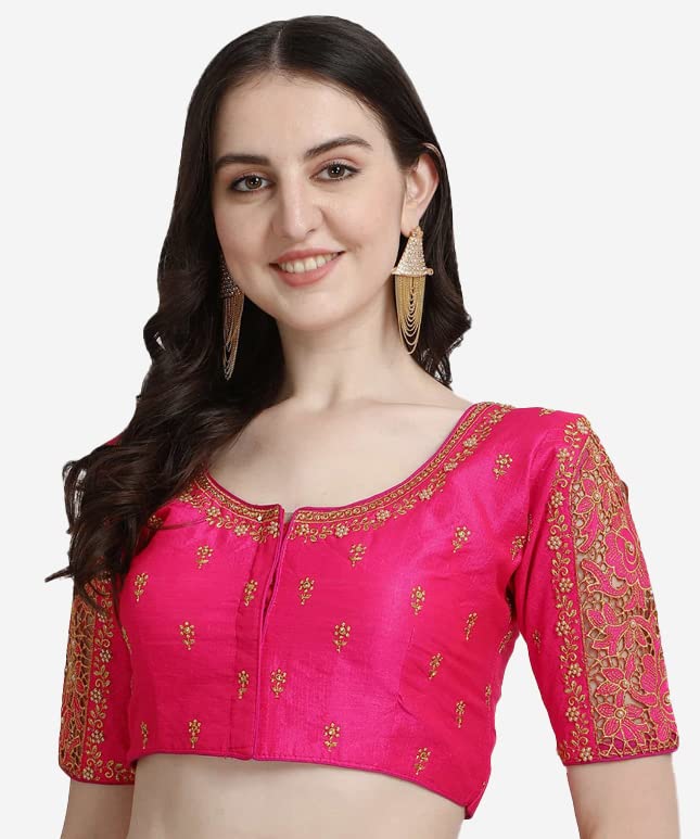 Pujia Mills Women's Silk Floral Half Sleeve Blouse (Gulab Rani_Rani_38)