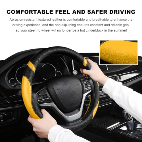 Image of Car Steering Wheel Cover, 15 Inch Premium Leather Breathable Non-Slip Wheels Wrap, Universal Auto Comfortable Steering Wheel Protector for SUV Truck Van, Car Accessories (Yellow)