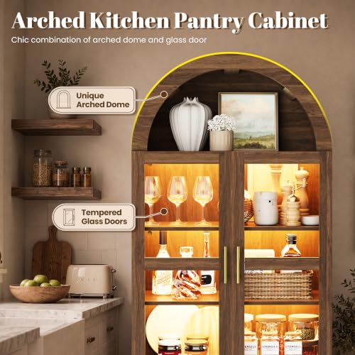 Image of Pamapic Arched Kitchen Pantry Cabinet, 71 inch Tall Arched Cabinet with LED Light & Glass Doors, Farmhouse Kitchen Storage Cabinet with 2 Large Drawers, Wooden Pantry for Dining Room, Living Room (Brown)