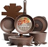 Bakken 17-Piece Ceramic Coated Aluminum Cookware Set, Nonstick Pots and Pans with Lids, Silicone Cooking Utensils & Oven Mitts, All Stovetop Safe Up To 500°F, PTFE & PFAS Free, Dishwasher Safe