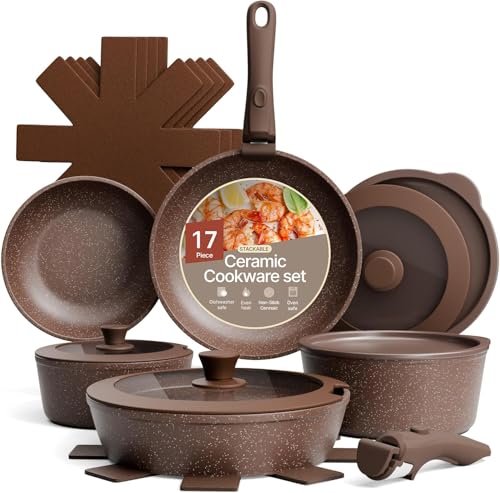 Bakken 17-Piece Ceramic Coated Aluminum Cookware Set Nonstick Pots and Pans with Lids Silicone Cooking Utensils & Oven Mitts All Stovetop Safe Up To 500F PTFE & PFAS Free Dishwasher Safe