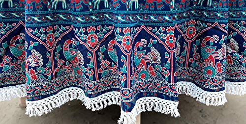 Image of RHF Dining Round Tablecloth 100% Cotton Multicolor Floral Bird Printed 4-6 Seater Round Table Cover with White Fringed Lace Border 75 inch (Blue)