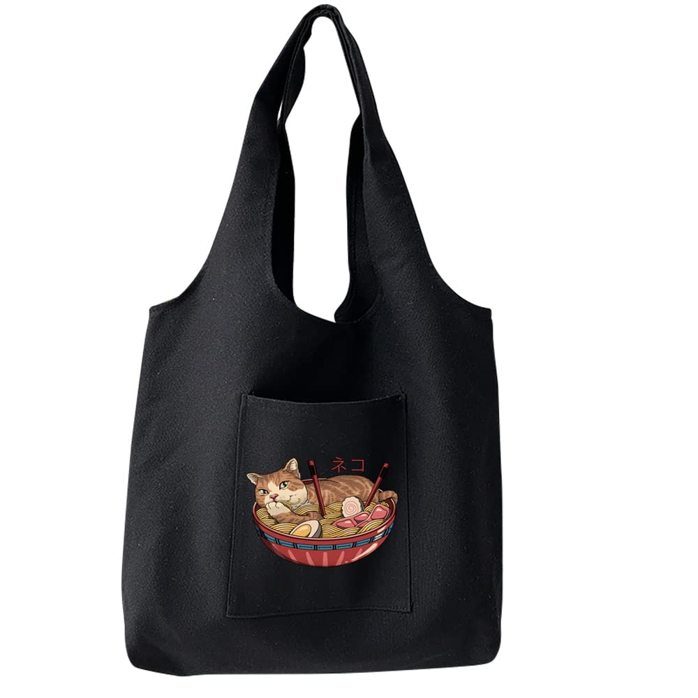 FINDING CASE Reusable Heavy Duty Shopping Medium Tote Bag 100% Cotton Canvas with Strong Matching Handles,Shopping Bags Large Capacity Canvas Tote Bags with Inner Pocket (Cat in Basket)