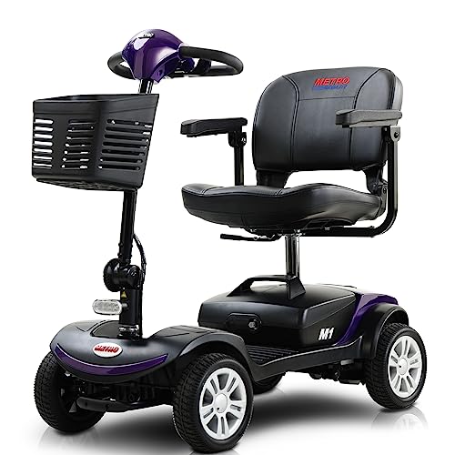 4 Wheel Powered Folding Mobility Scooter - 300 lbs Capacity Motorized Scooter for Adults Electric Medical Scooter Compact for Travel - Front & Rear LED Light (Metallic Grey)