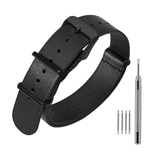 ANNEFIT Bracelets de Montre en Cuir 22mm, Cuir de Veau Véritable avec Boucle en Noire Mate, Bracelet de Montre Militaire en une Pièce pour Homme et Femme (Noir)