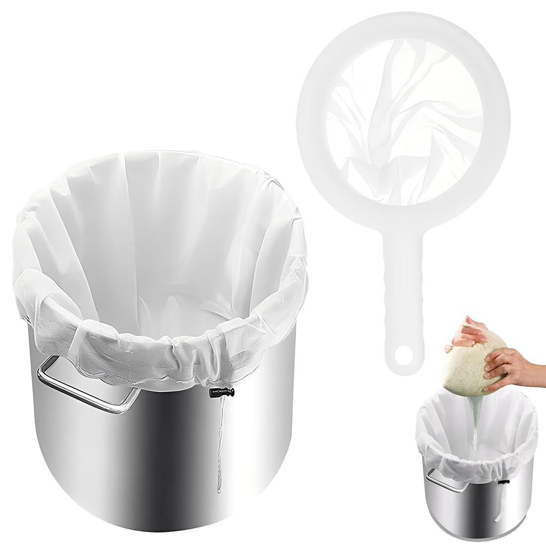 Sacchetto Filtrante Riutilizzabile 66 * 56 cm, Sacchetti Filtranti per Alimenti con Coulisse, Filtri per Liquori per Birra e Latte Vegetale (con Filtro a Setaccio in Nylon)