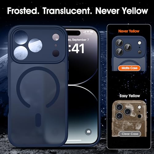 Image of Oterkin Magnetic for iPhone 17 Pro Case Matte, Upgraded Full Camera Protection Compatible with MagSafe Frosted Translucent Shockproof Anti-Scratch Slim Fit Case Military Grade Protection (Dark Blue)