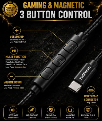 Image of Gaming Type-C Wired Earphone with Mic, 10mm Dynamic Bass Driver, Magnetic in-Ear Headphones, Low Latency Sound for Gaming, 3 Button Control, HD Calling, Voice Assistant, (Black)