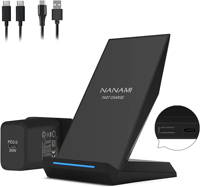 NANAMI 2 in 1 Wireless Charger, 15W Max Qi Induction Charger for Samsung and Apple, Fast Charging Stand for iPhone 14 13 12 11 X XS XR 8P 8, Galaxy S22 S21 S20 S10, with 30W PD Adapter Phone Charger