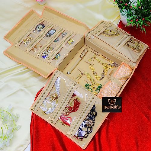 Image of Trendifly silk Lucknowi Jewellery Organiser Box for women Necklace organizer pouches Travel Makeup Cosmetic Earrings Jewelry Storage Box for Bridal Gifting (Oragne), Multicolor
