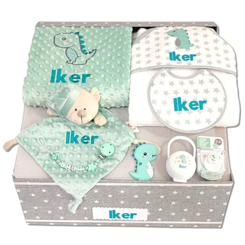 Canastilla personalizada bebé DINOSAURIO Mod. 1 - Regalos para recién nacido - Regalos baby shower - Cestas para bebés - Regalos personalizados - TARTAS DE PAÑALES Y MÁS